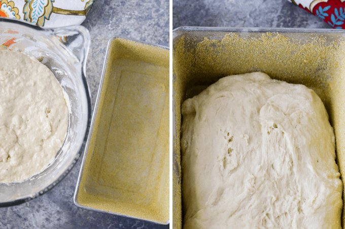 Process photos of English Muffin Bread.