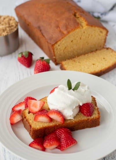 Brown Sugar Pound Cake with strawberries and whipped cream.