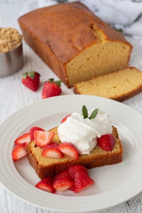 Brown Sugar Pound Cake with strawberries and whipped cream.