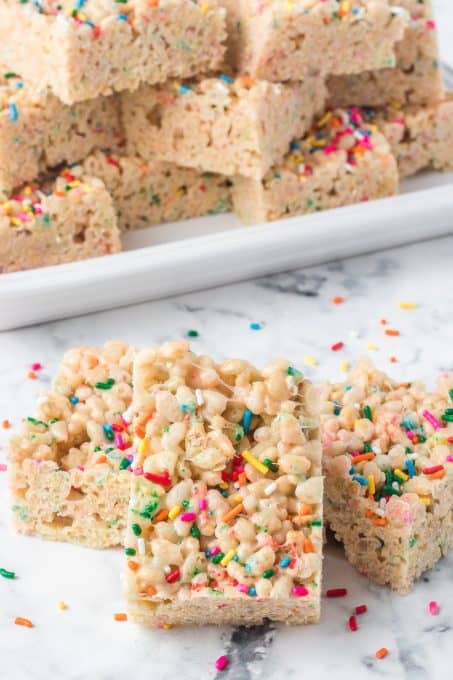 Rice Krispie Treats with sprinkles and cake mix.