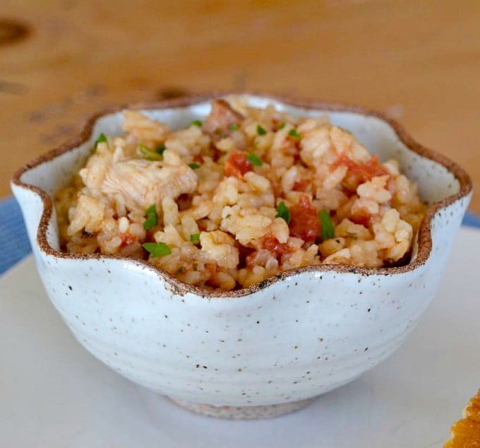 Jambalaya, dish native to Louisiana, it's a hearty meal of rice, chicken, Andouille sausage and shrimp with some Cajun spice.