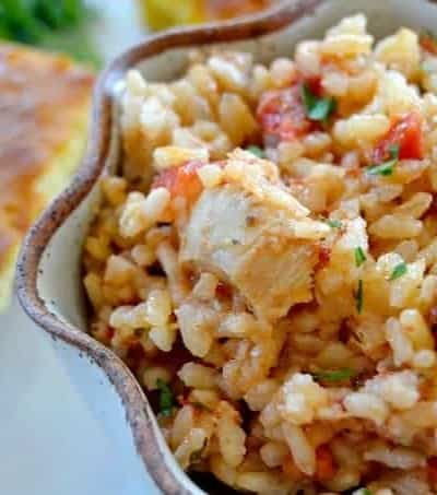 Jambalaya, dish native to Louisiana, it's a hearty meal of rice, chicken, Andouille sausage and shrimp with some Cajun spice.