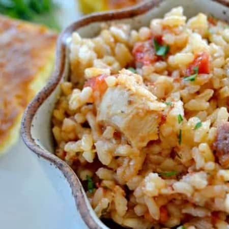 Jambalaya, dish native to Louisiana, it's a hearty meal of rice, chicken, Andouille sausage and shrimp with some Cajun spice.