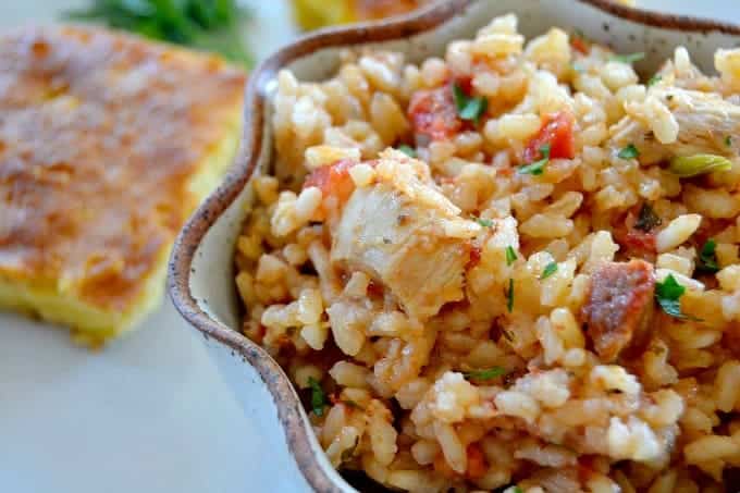 Jambalaya, dish native to Louisiana, it's a hearty meal of rice, chicken, Andouille sausage and shrimp with some Cajun spice.