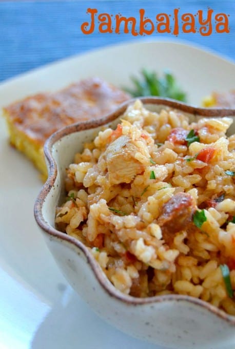 Jambalaya, dish native to Louisiana, it's a hearty meal of rice, chicken, Andouille sausage and shrimp with some Cajun spice.