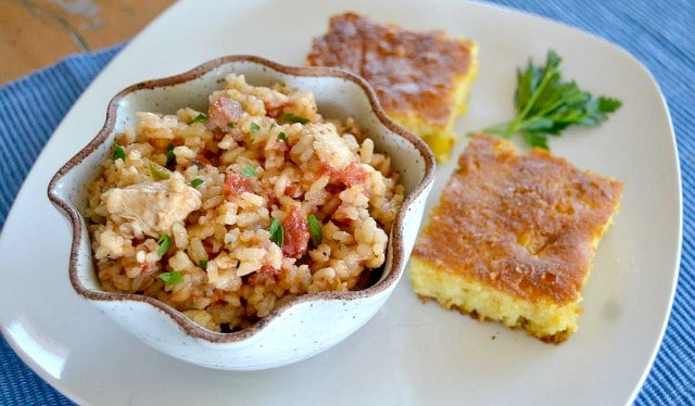 Jambalaya, dish native to Louisiana, it's a hearty meal of rice, chicken, Andouille sausage and shrimp with some Cajun spice.
