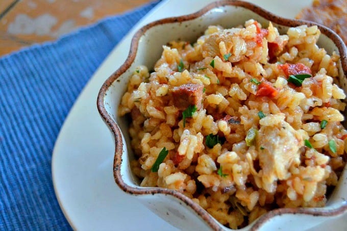 Jambalaya, dish native to Louisiana, it's a hearty meal of rice, chicken, Andouille sausage and shrimp with some Cajun spice.