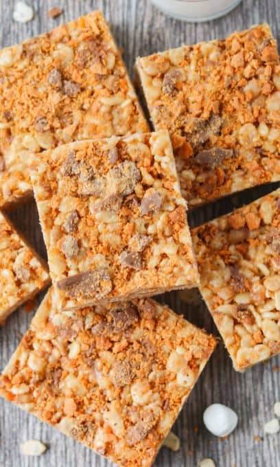 Rice Krispies Treats with peanut butter and Butterfinger candy bars.