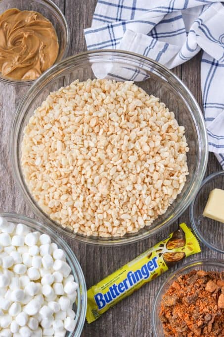 Ingredients for Butterfinger Rice Krispies Treats.