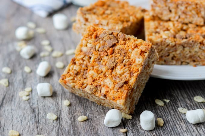 Rice Krispie Treats with crushed Butterfinger candy bars and peanut butter.