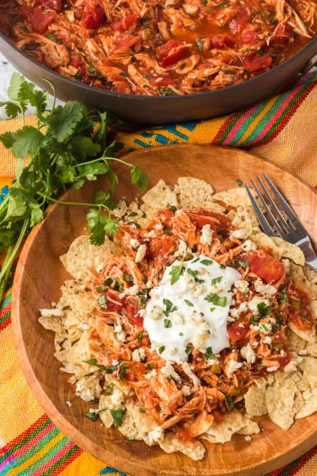 Chicken, tortilla chips, salsa and the fixings.