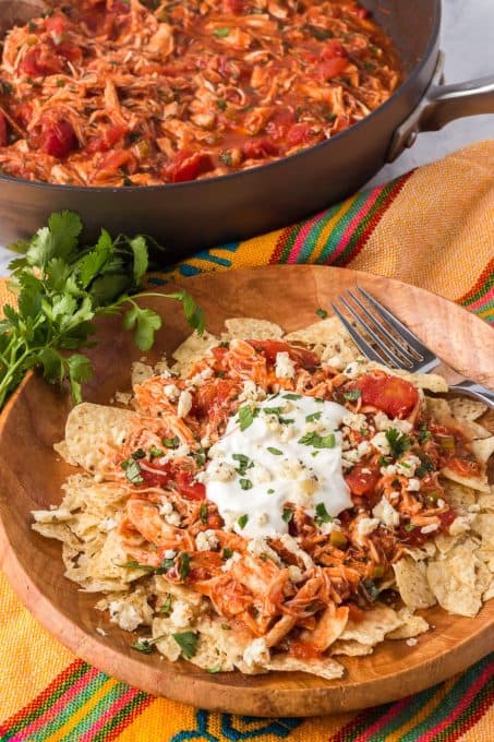 Tortilla chips loaded with shredded chicken, salsa, and sour cream.