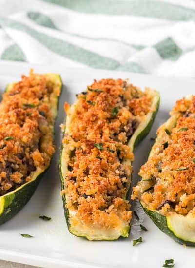 Zucchini stuffed with mushrooms and onions and topped with a panko bread crumbs.