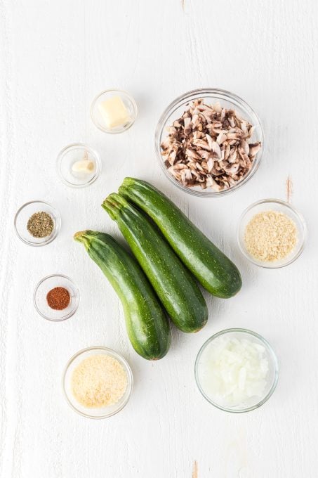 Mushroom and Onion Stuffed Zucchini ingredients.