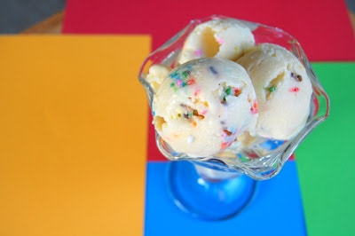 Ice Cream with sprinkles and cake batter. Cake Batter Ice Cream in a dish.