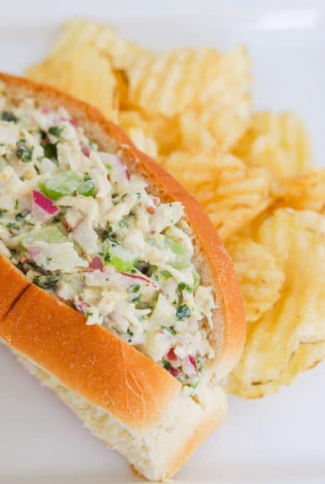 Easy Chicken Salad sandwich with chips.