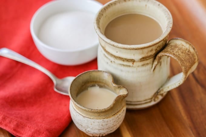 Homemade French Vanilla Coffee Creamer with a cup of coffee.