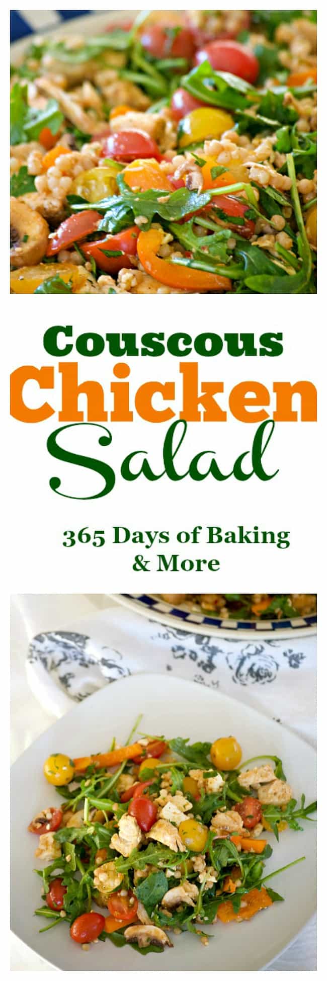 This delicious and easy Couscous Chicken Salad is made with pearl couscous, chicken, lots of veggies, and a bunch of flavor! It's great to eat warm for dinner and again the next day cold for lunch.