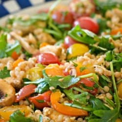 This delicious and easy Couscous Chicken Salad is made with pearl couscous, chicken, lots of veggies, and a bunch of flavor! It's great to eat warm for dinner and again the next day cold for lunch.