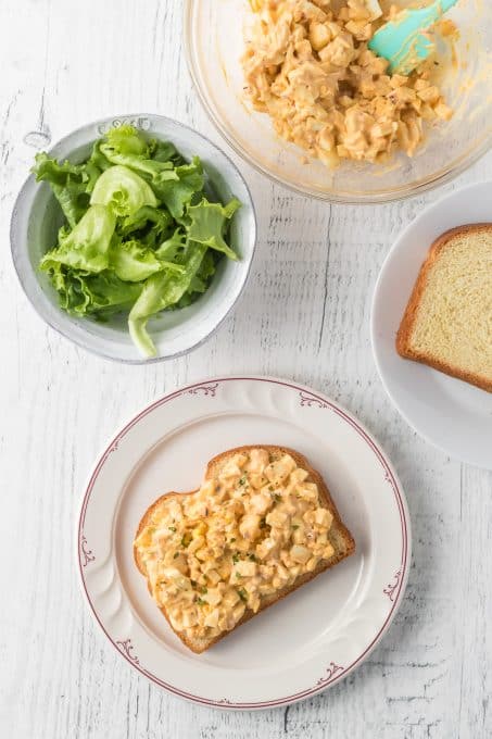 An open face sandwich with egg salad.