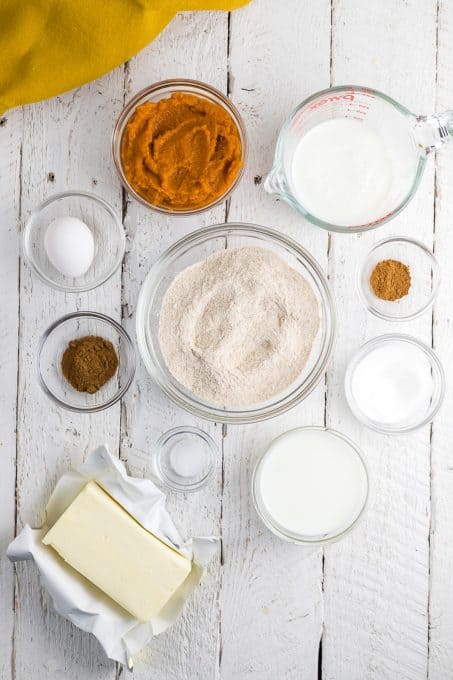 Ingredients for whole wheat pumpkin pancakes.