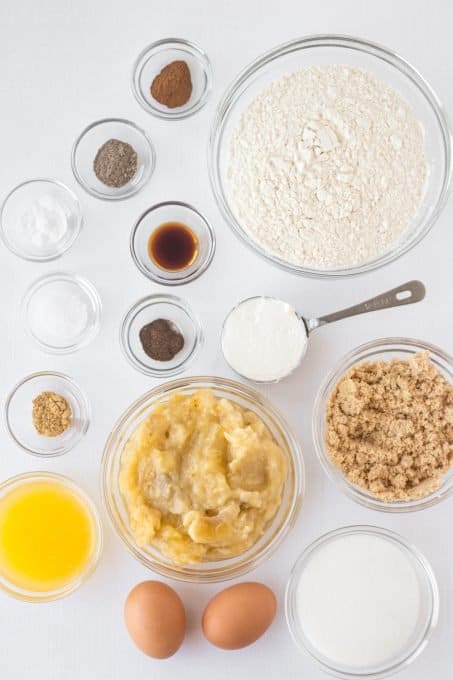 Ingredients for a banana bread with chai seasoings.