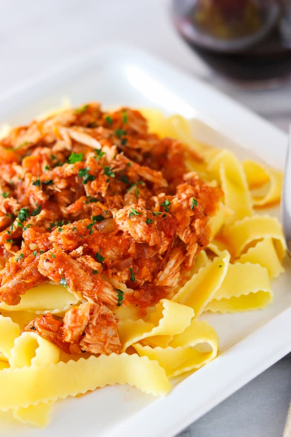 Pappardelle noodles topped with Crockpot Pork Ragu.