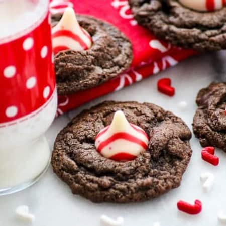 A cup of milk and some Double Chocolate Peppermint Kisses.