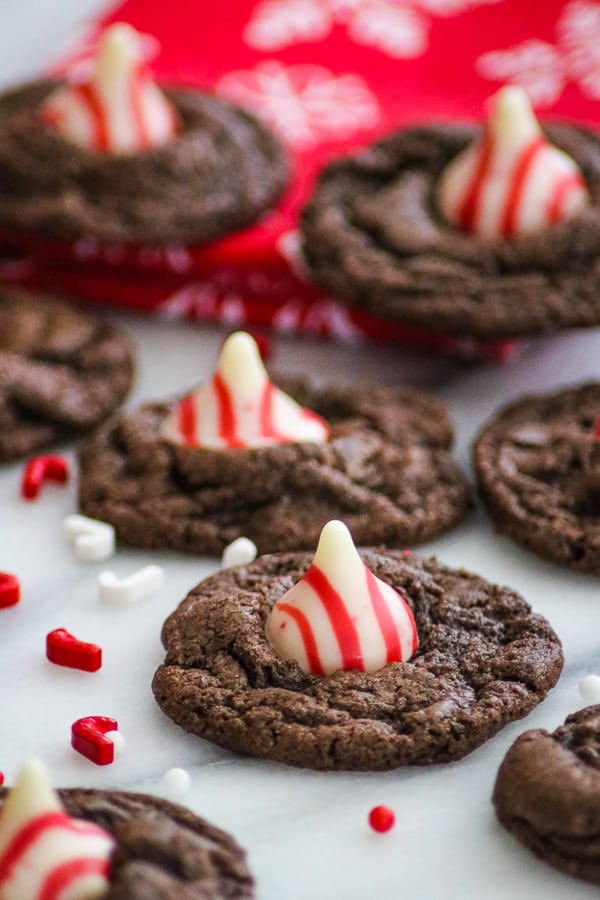 Double Chocolate Peppermint Kisses with candy sprinkles and candy canes.