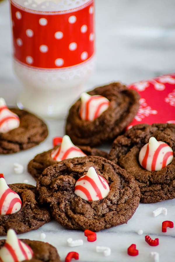 Double Chocolate Peppermint Kisses on a marble slab.