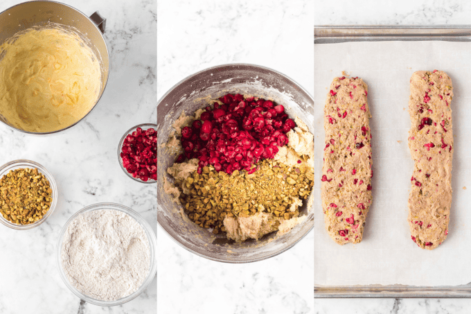 Process photos for Cranberry Orange Pistachio Biscotti.