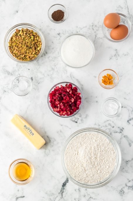 Cranberry Orange Pistachio Biscotti ingredients.