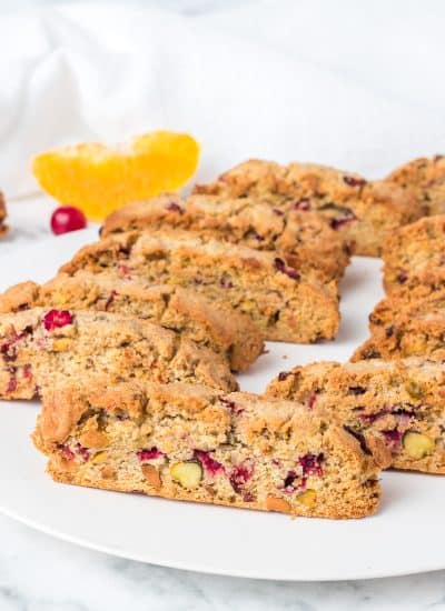 Biscotti made with fresh cranberries, orange, and pistachios.