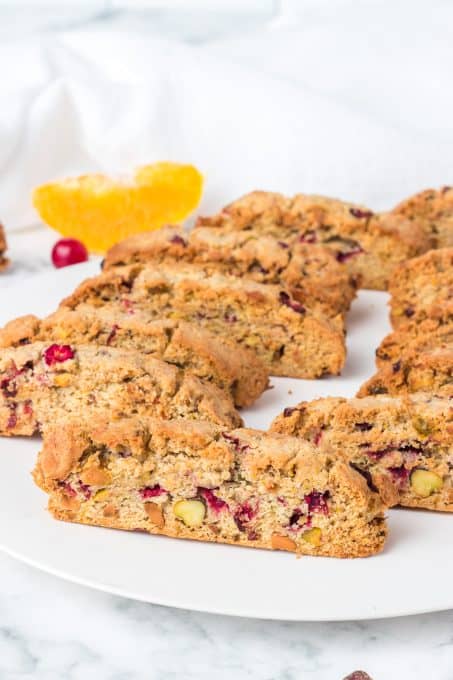 Biscotti made with fresh cranberries, orange, and pistachios.