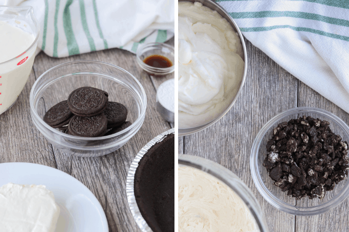 Process steps to make a cheesecake pie with Oreos.