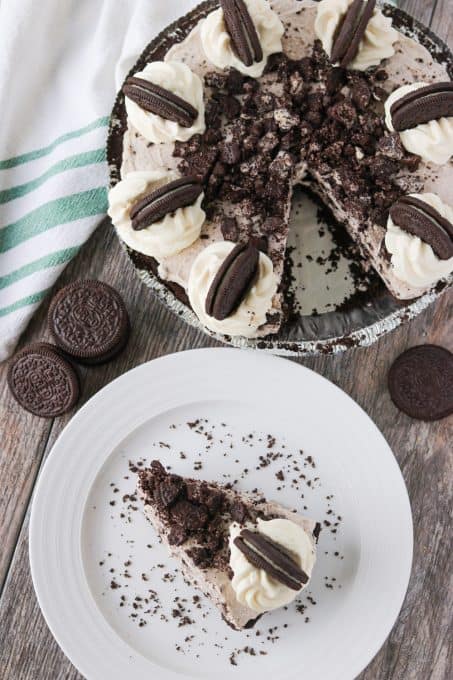 A slice of a pie made with Oreos.