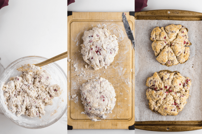 Process shots for scones with fresh cranberries and macadamia nuts.