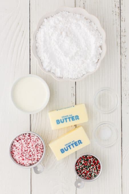 Ingredients for Peppermint frosting for sugar cookies.