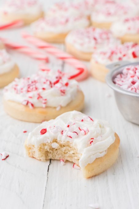 Soft sugar cookies with peppermint frosting and candy canes.