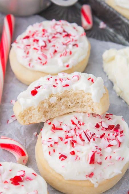 Lofthouse style sugar cookies with peppermint frosting.