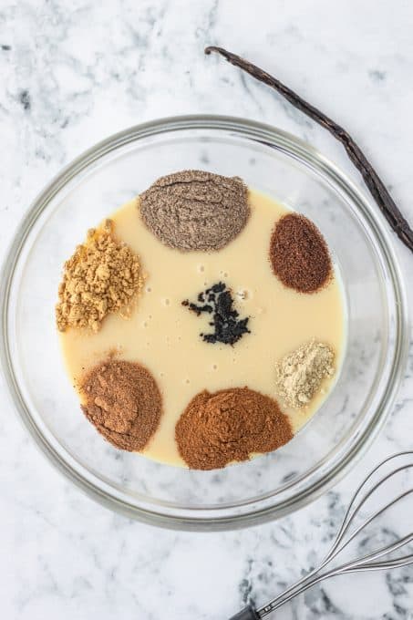 Mixing the spices and condensed milk for chai syrup.