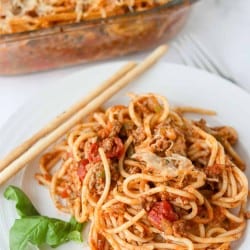 A plate of spaghetti with meat sauce baked in the oven.