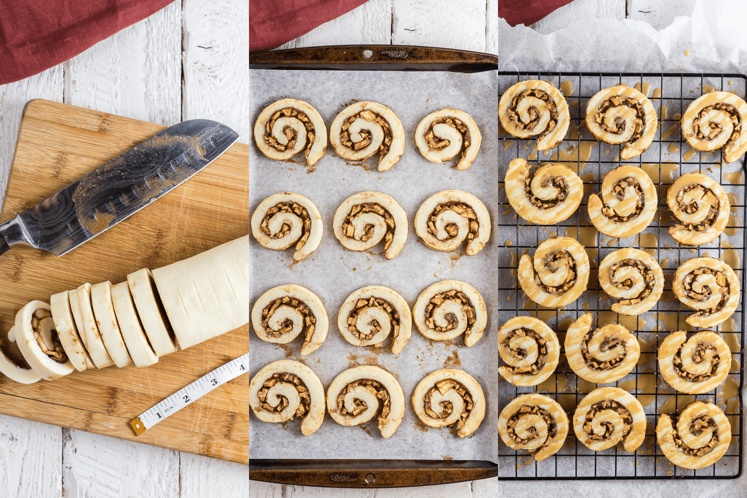 Process steps for cutting, baking and glazing apple cookies drizzled with caramel.