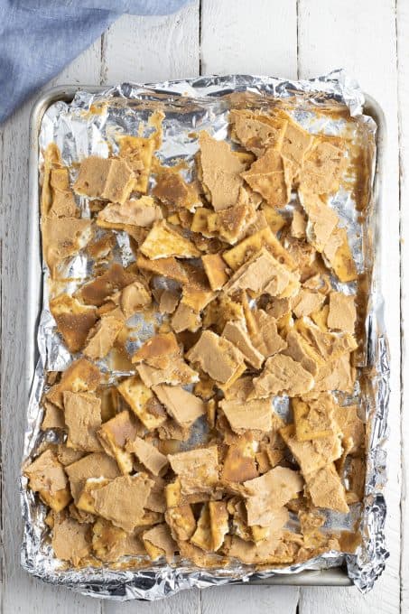 A tray of easy toffee made with saltine crackers.