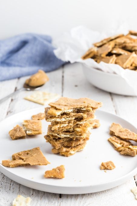 A stack of peanut butter saltine toffee.