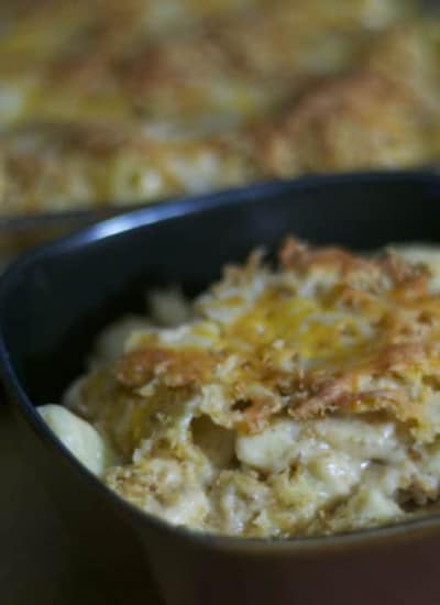 Barbecue chicken, slightly spiced and combined with rigatoni pasta, a mixture of cheeses, and topped with toasted bread crumbs and more cheese. It’s a new version of an old-time comfort food.