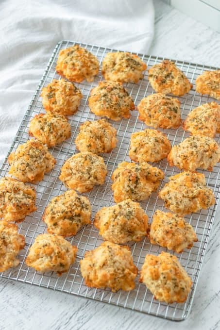 Biscuits with Cheddar Jack cheeses, seasoning and a garlic butter.