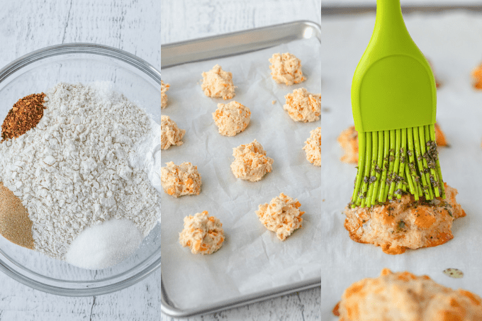 Process shots for biscuits with Cheddar Jack Cheese.