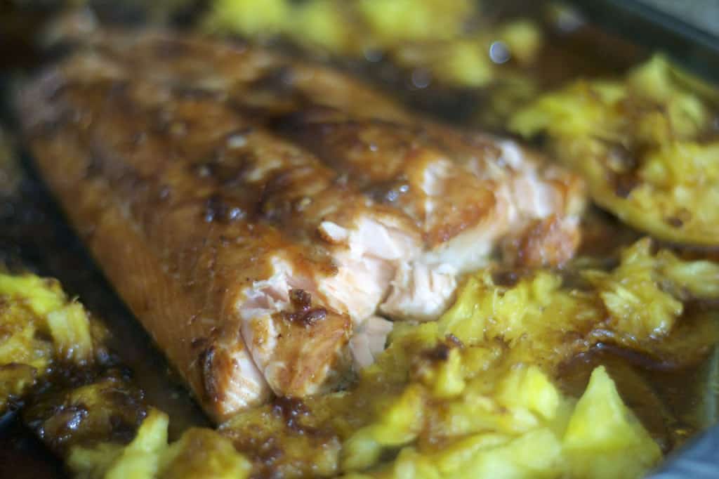 Salmon marinated in a brown sugar honey sauce and baked along side some fresh pineapple.