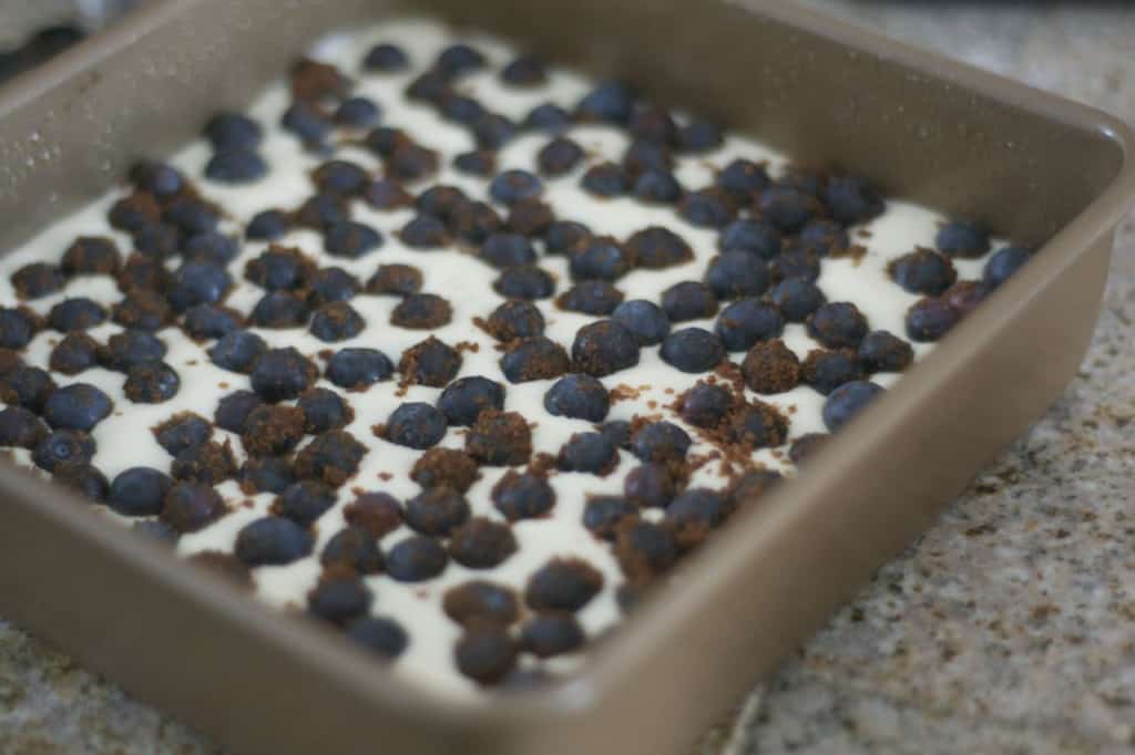 Blueberry Lemon Cheesecake Bars - lemony cheesecake bars covered in blueberries and a lemon streusel topping.